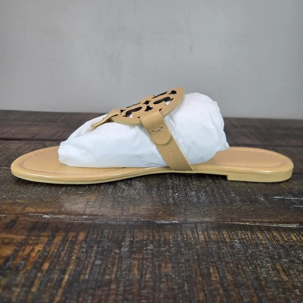 NEW Tory Burch Miller Leather Womens Size 7 Big Logo Sandal Flip Flops Honeycomb